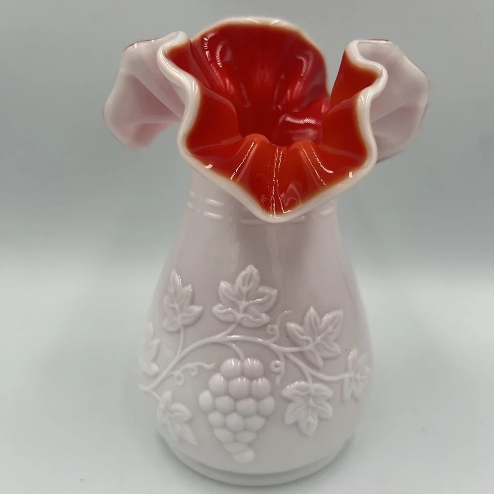 VTG Kanawha Pink Cased Glass Vase‎ w/ Ruby Red Interior Grape & Vine Ruffle